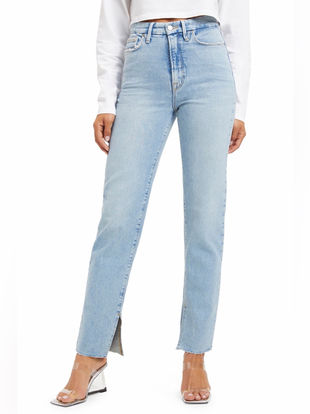 Good American Good Boy High-Rise Side Slit Raw Hem Jeans in Indigo 118, 4/27